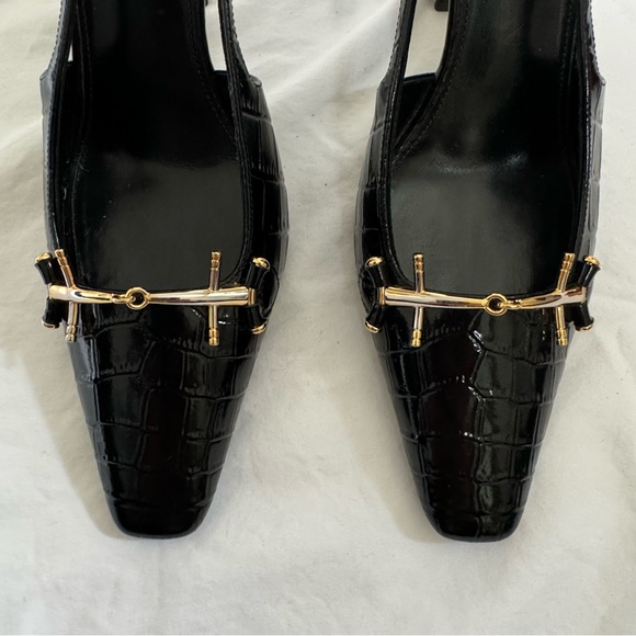 SAINT LAURENT BLADE SLINGBACK PUMPS IN CROCODILE-EMBOSSED PATENT LEATHER - Picture 6 of 9